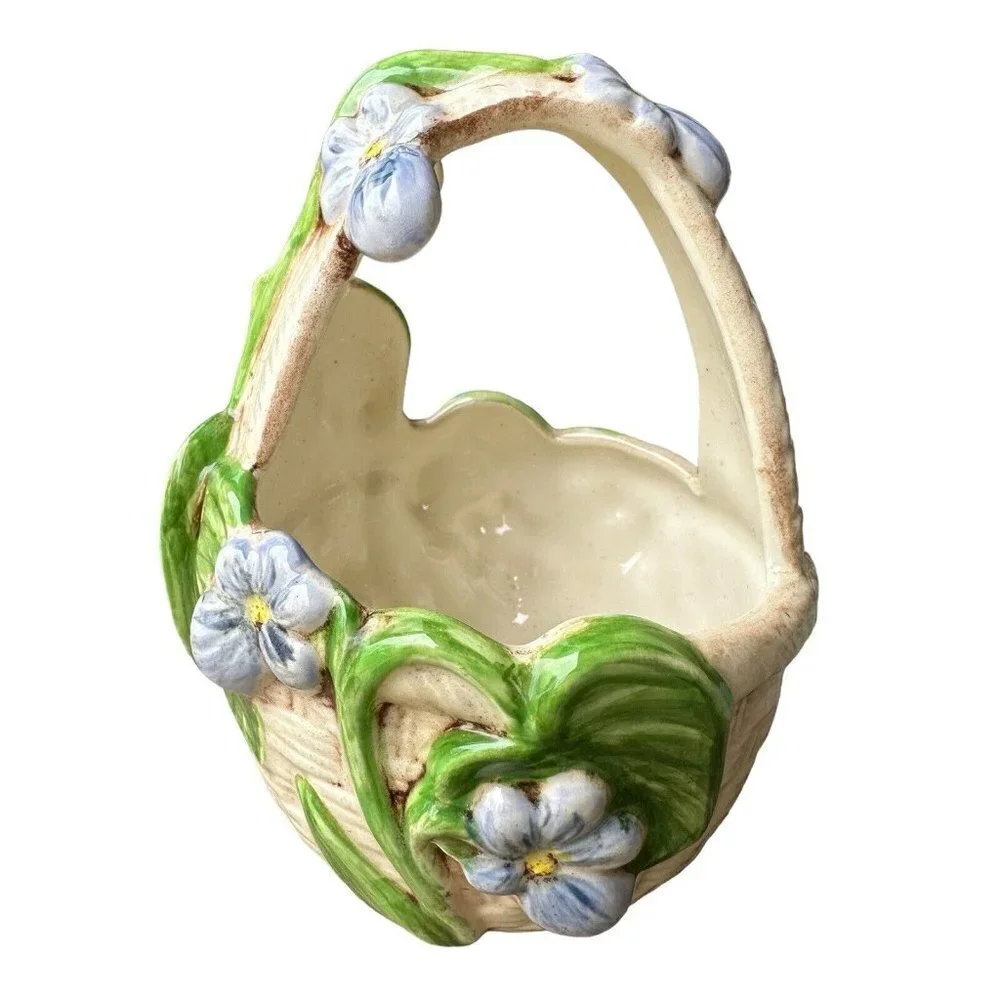 Vintage Artisan‎ Easter Spring Basket 5.5 Inch Ceramic Blue Flowers Green Leaves